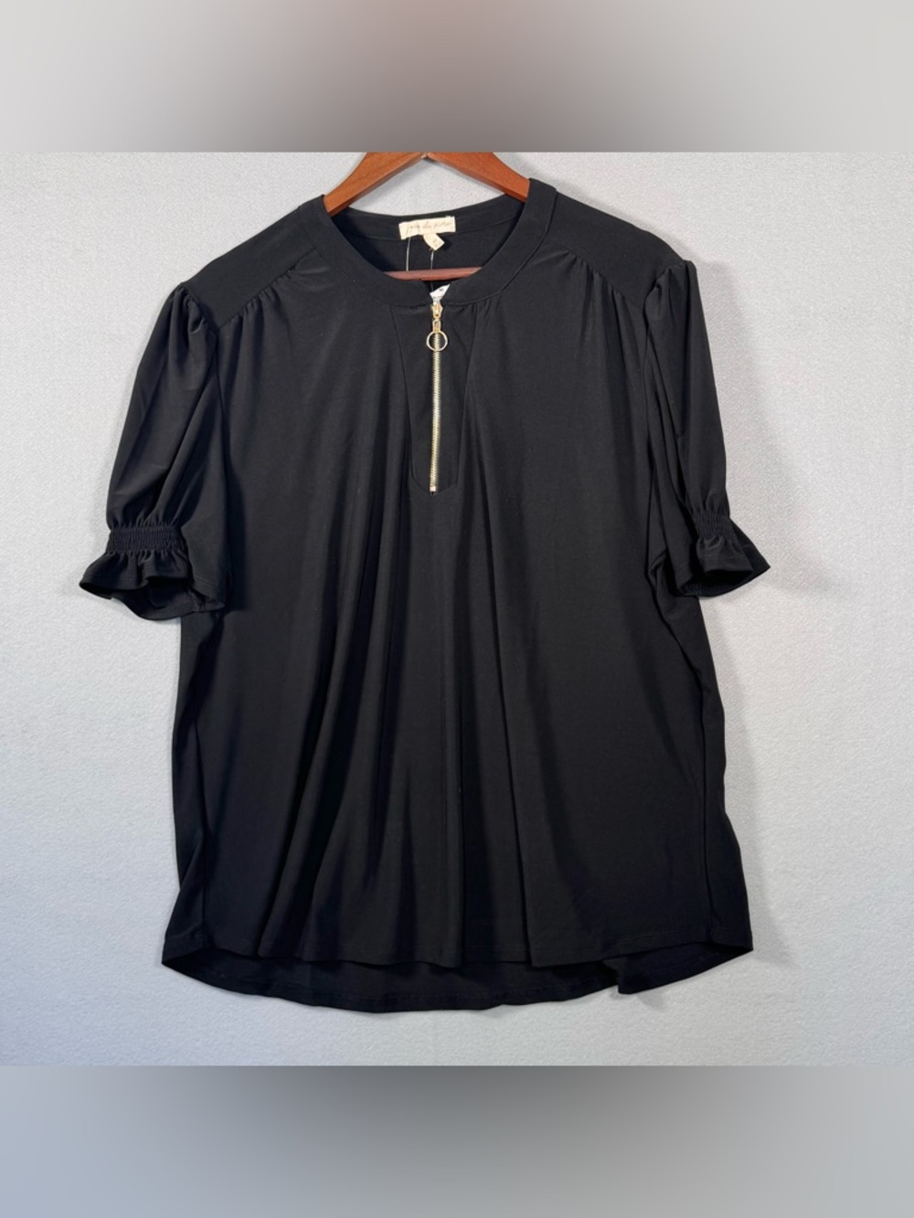 Black Short-Sleeve Zip Front Blouse with Ruffle Sleeves